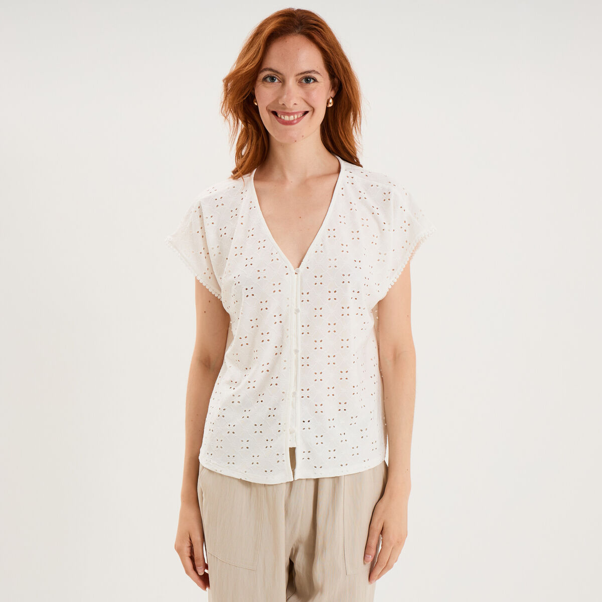 T-shirt dentelle avec boutons blanc femme
