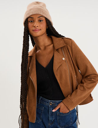 Veste biker en su&eacute;dine ajust&eacute;e camel femme