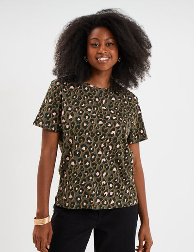 T-shirt coton col rond manches courtes vert kaki femme