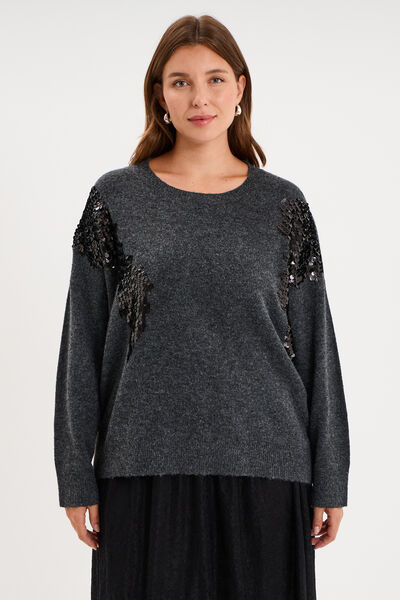 Pull &agrave; paillettes gris fonc&eacute; femme grande taille