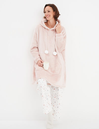 Poncho plaid polaire à capuche vieux rose femme