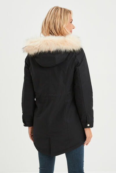 Parka cintrée à capuche fourrée noir femme