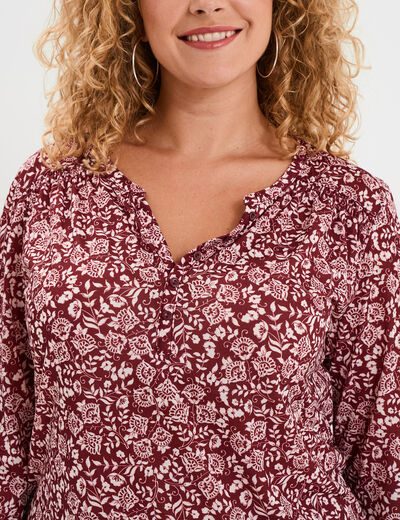 T-shirt col tunisien manches 3/4 bordeaux femme grande taille