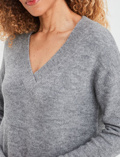Pull droit ample col V fentes aux côtés gris clair femme