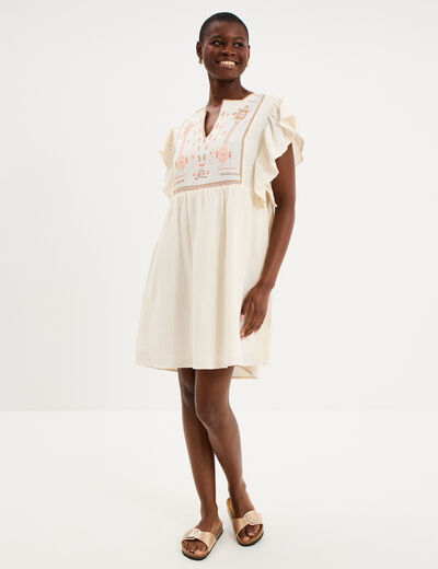 Robe brod&eacute;e manches volants coton creme femme