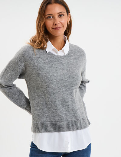 Pull effet 2-en-1 chemise gris clair femme