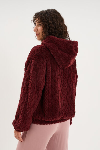 Veste fausse fourrure &agrave; capuche prune femme