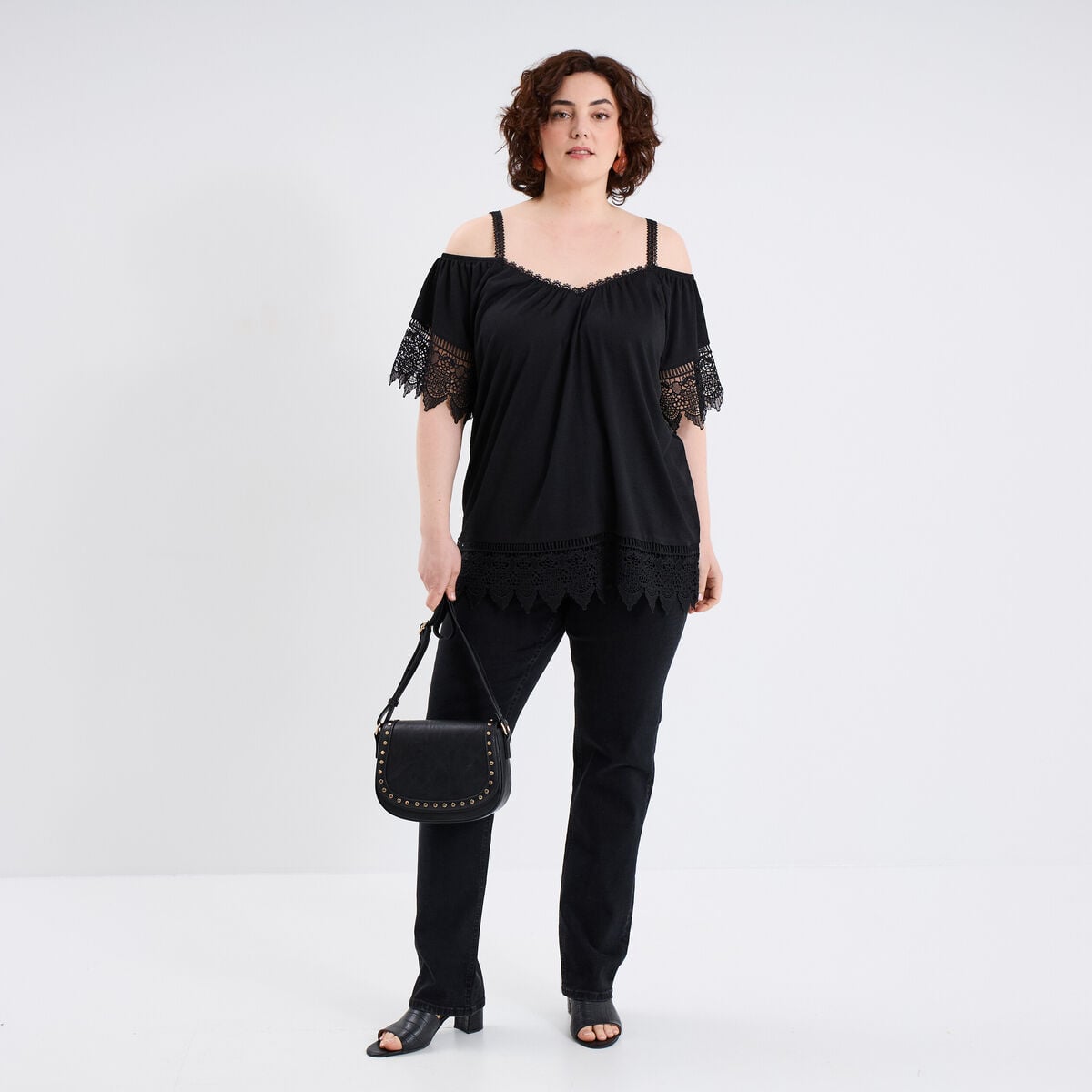 Jeans droit taille haute denim noir femme grande taille