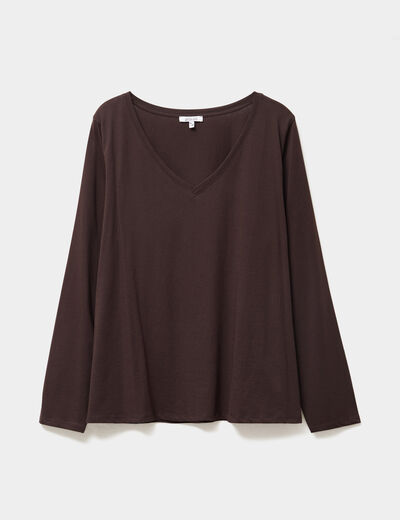 T-shirt col en V manches longues coton marron foncé femme grande taille