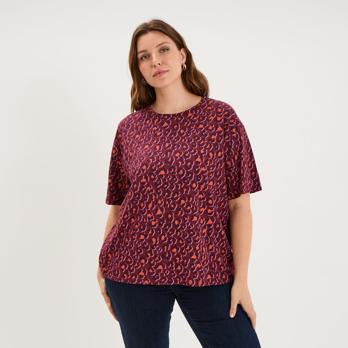 T-shirt col rond manches courtes coton bordeaux femme grande taille
