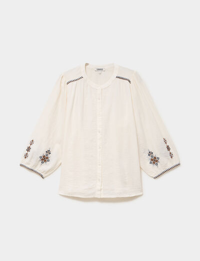 Blouse brod&eacute;e oversize manches 3/4 ecru femme