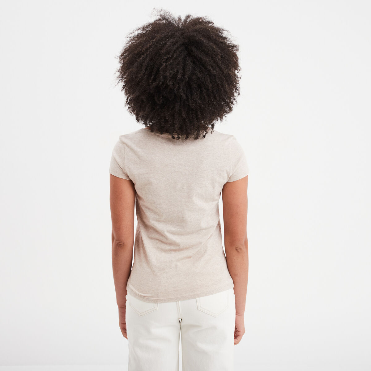 T-shirt coton col rond manches courtes beige femme