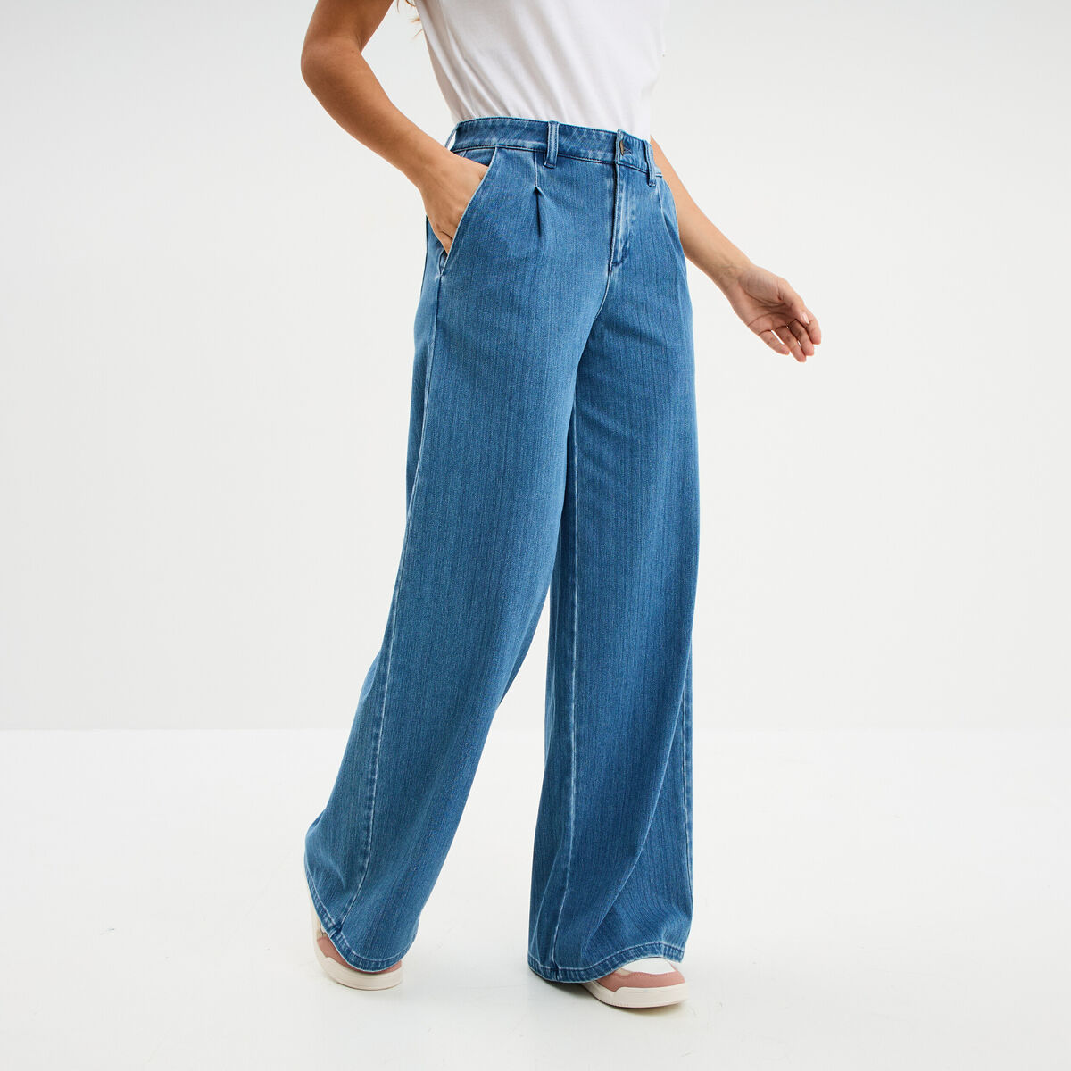 Jeans wide leg &agrave; pinces denim double stone femme