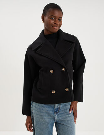 Manteau court double boutonnage noir femme