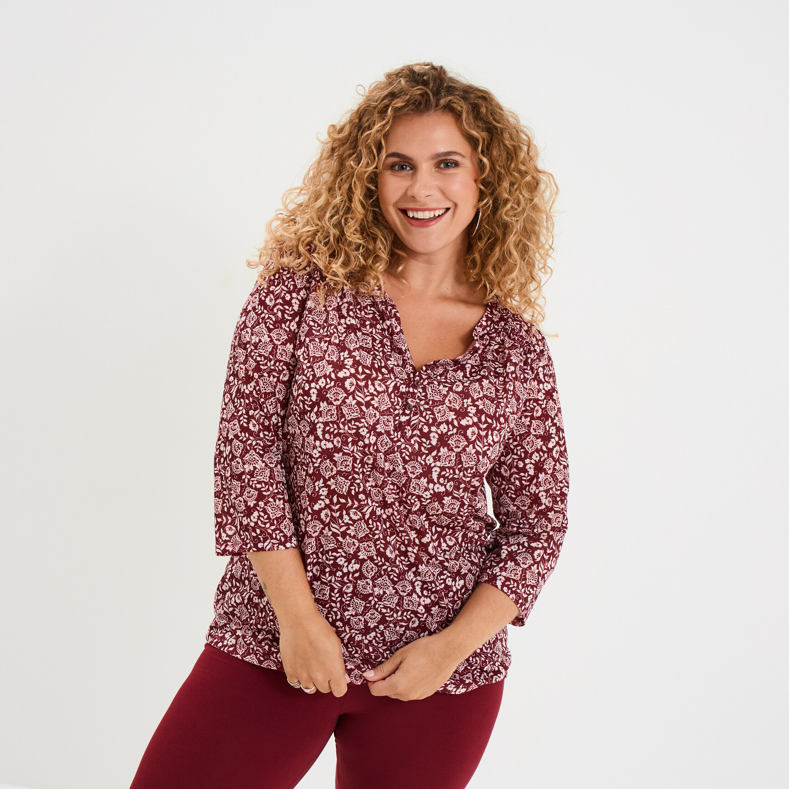 T-shirt col tunisien manches 3/4 bordeaux femme grande taille LH