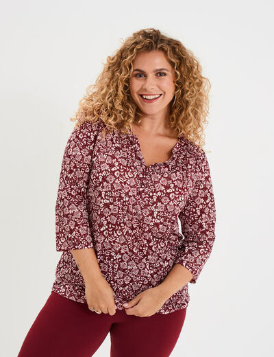T-shirt col tunisien manches 3/4 bordeaux femme grande taille