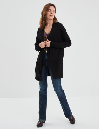 Gilet mi-long manches longues noir femme