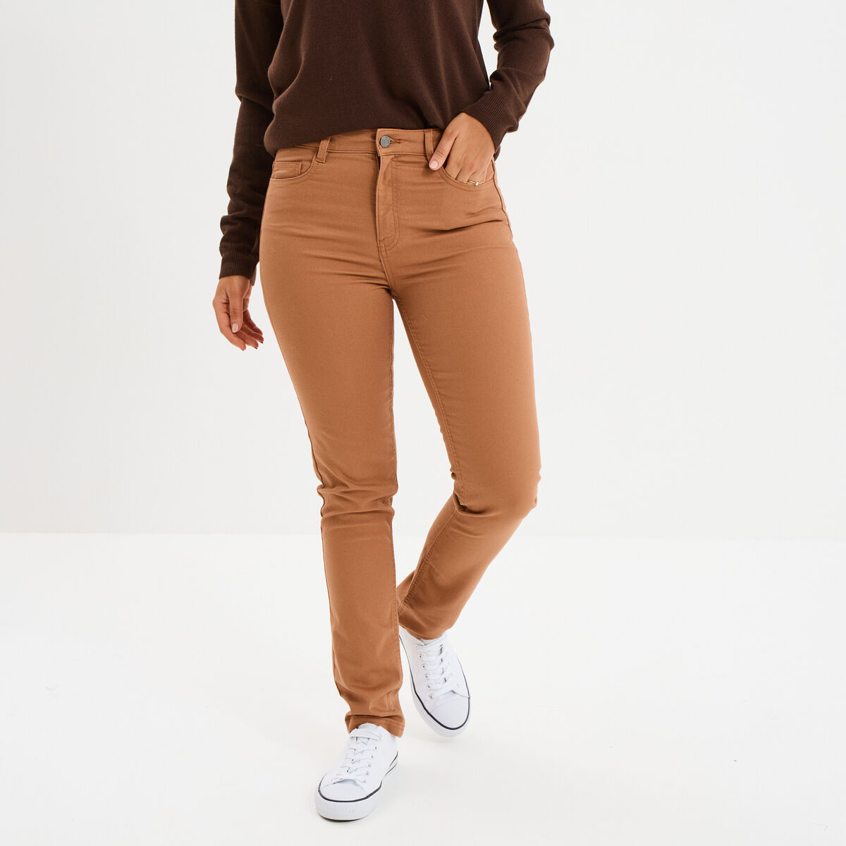 Pantalon slim en coton elasthanne marron clair femme