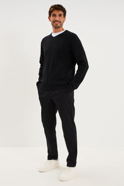 Pull droit col en V manches longues noir homme