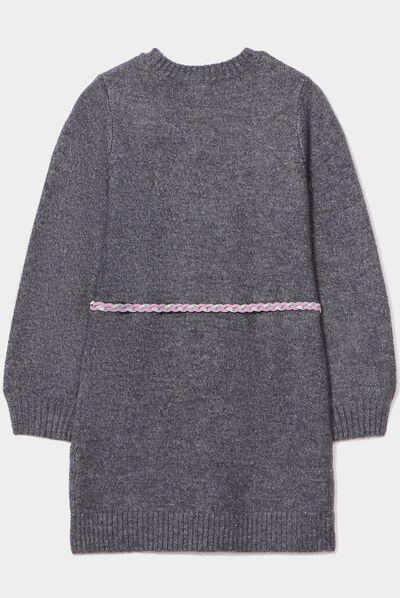 Robe pull avec torsades et ceinture gris foncé fille