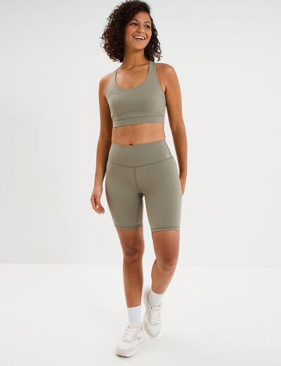 Short cycliste de sport taille haute vert kaki femme