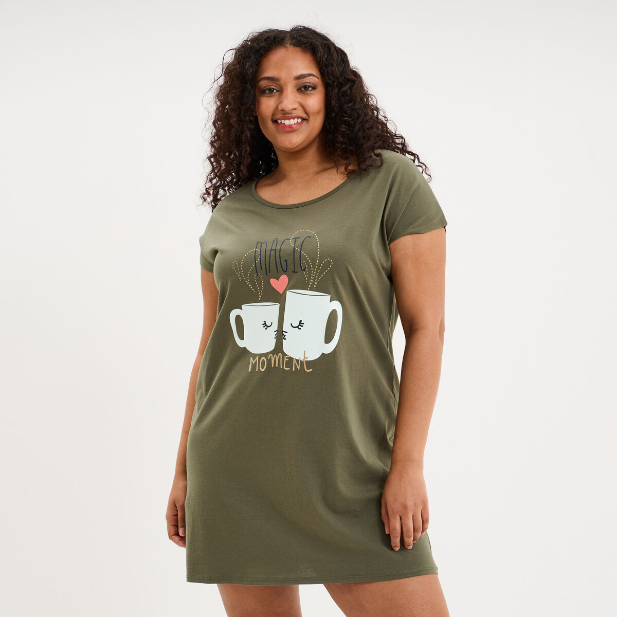 Chemise de nuit courte col rond coton vert kaki femme grande taille
