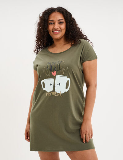 Chemise de nuit courte col rond coton vert kaki femme grande taille