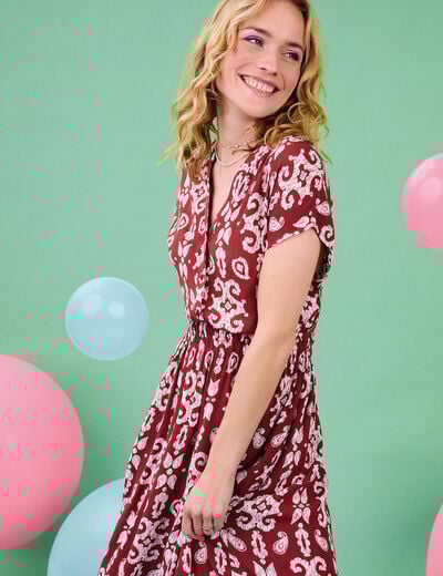 Robe midi crépon col tunisien terracotta femme