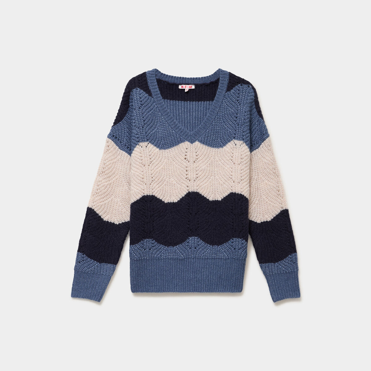 Pull col V ajour&eacute; manches longues bleu ciel femme