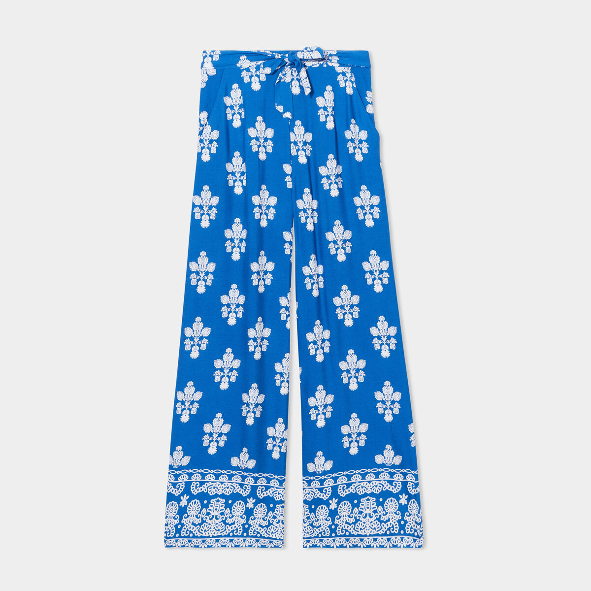 Pantalon large fluide noeud taille bleu electrique femme