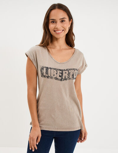 T-shirt d&eacute;lav&eacute; en coton marron fonc&eacute; femme