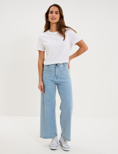 Jean large cropped poches plaqu&eacute;es coton denim triple stone femme