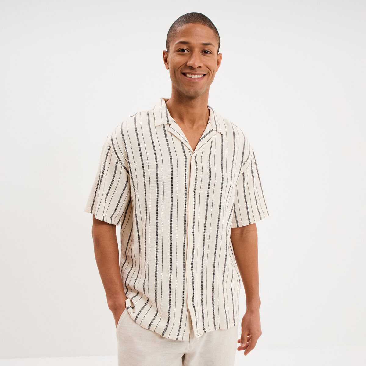 Chemise coton col cubain manches courtes ivoire homme