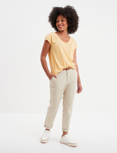 T-shirt col v poche poitrine Creeks jaune clair femme