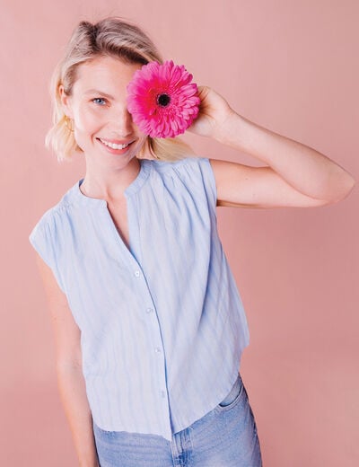 Blouse sans manches col tunisien coton bleu ciel femme