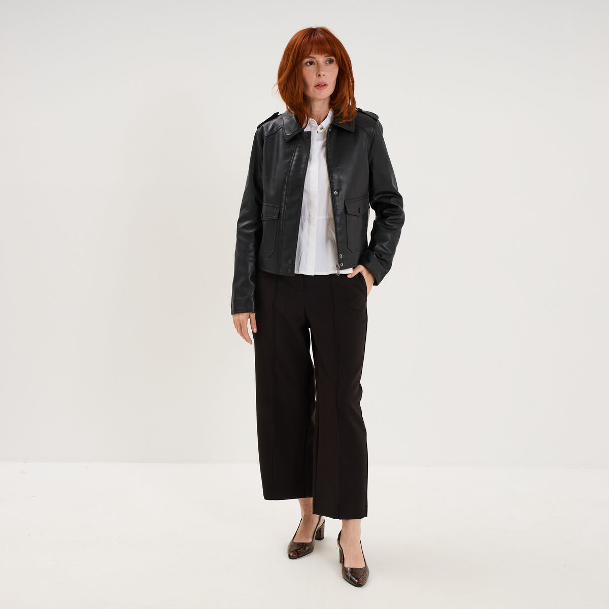 Pantalon droit cropped taille haute noir femme