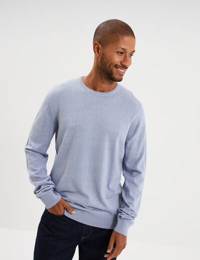Pull droit col rond coton m&eacute;lang&eacute; bleu clair homme