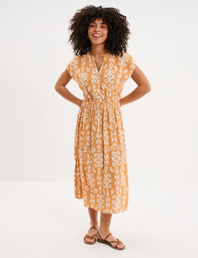 Robe longue cr&eacute;pon col tunisien jaune ocre femme