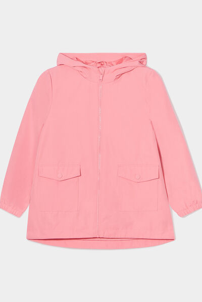 Parka longue zippée à capuche rose corail fille