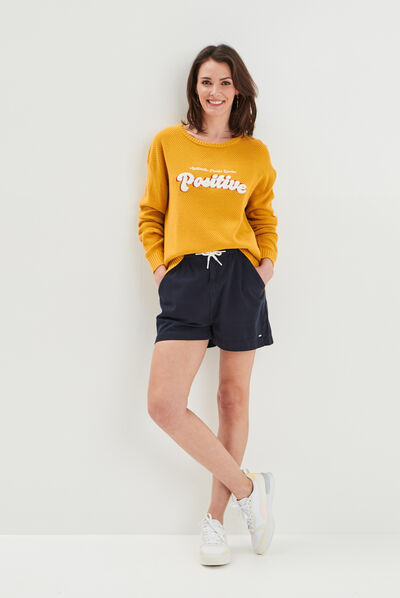 Pull col rond jaune moutarde femme