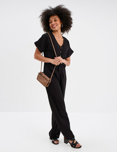 Combinaison pantalon ceinturée col en V noir femme