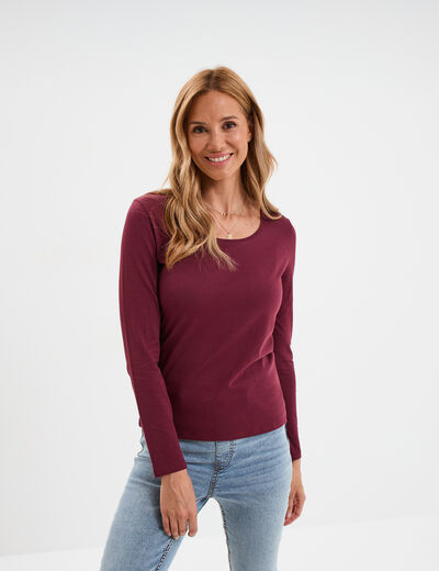 T-shirt coton col rond manches longues bordeaux femme