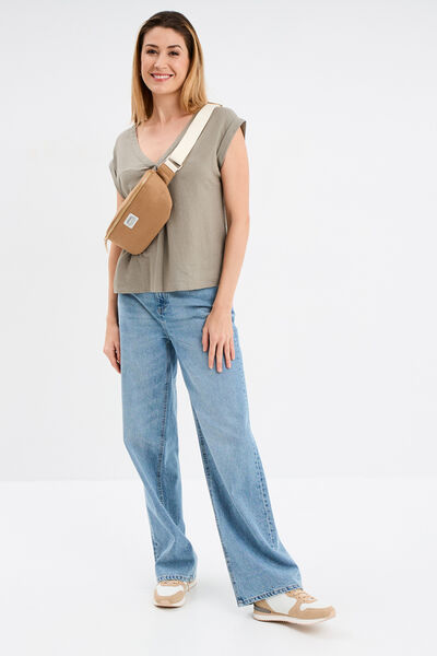 Blouse col V manches courtes lin m&eacute;lang&eacute; vert kaki femme