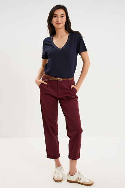 T-shirt col en V manches courtes bleu fonc&eacute; femme