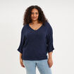 Pull manches 3/4 col en V bleu fonc&eacute; femme grande taille