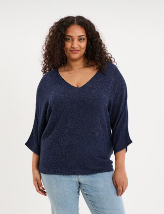 Pull manches 3/4 col en V bleu fonc&eacute; femme grande taille