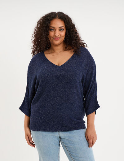 Pull manches 3/4 col en V bleu fonc&eacute; femme grande taille