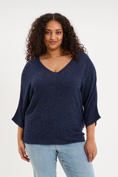 Pull manches 3/4 col en V bleu fonc&eacute; femme grande taille