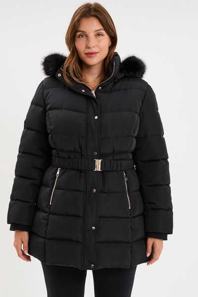 Doudoune mi-longue ceintur&eacute;e &agrave; capuche noir femme grande taille
