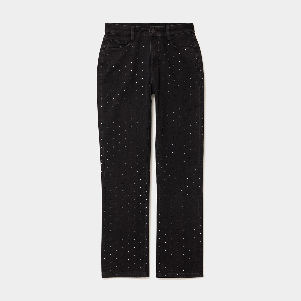 Jean droit &agrave; strass taille haute denim noir femme